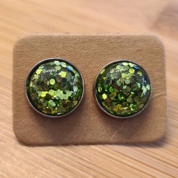 Green Glitter - 12mm druzy earrings - Picture 1 of 1